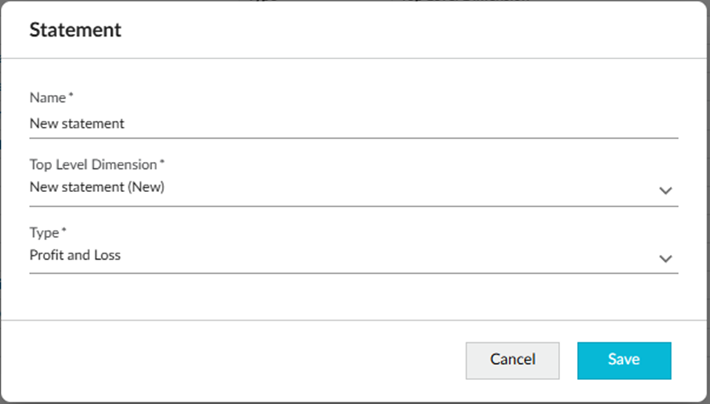 Classic New statement dialog with name, top level dimension, and type fields